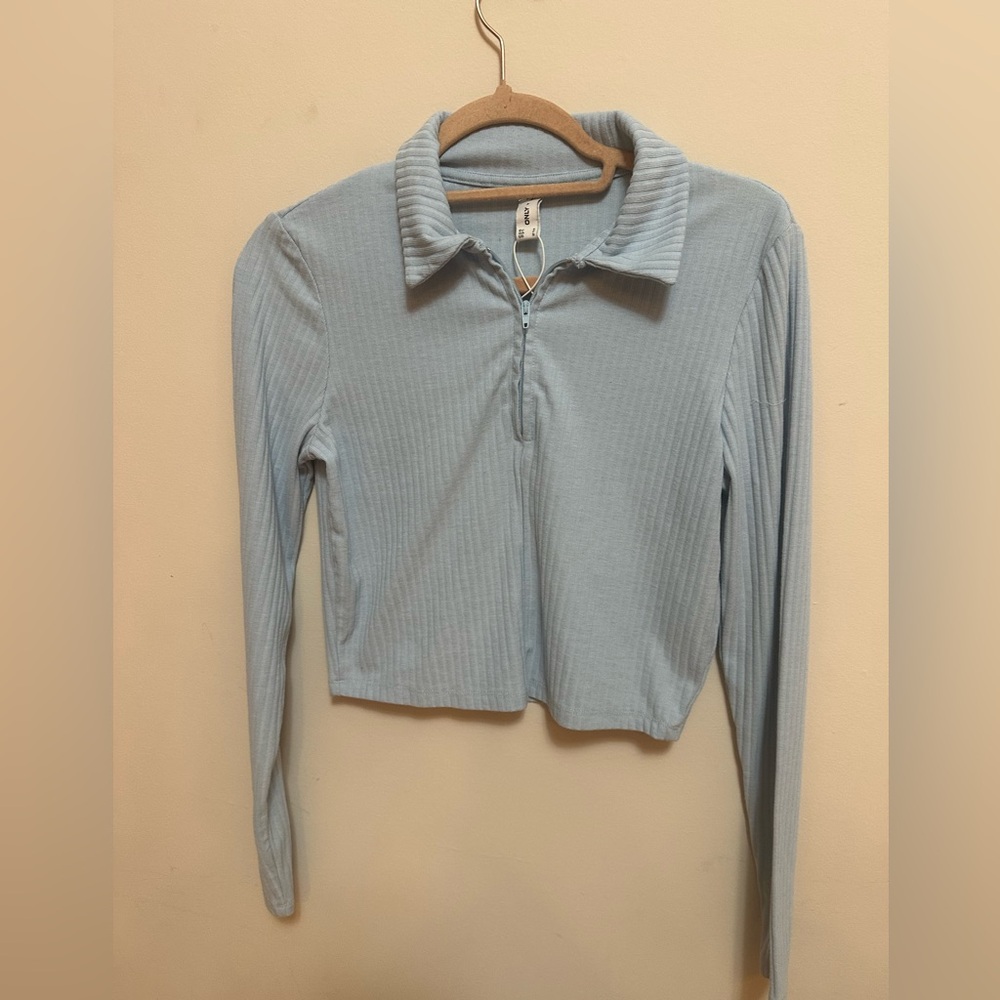 ONLY Ribbed Half Zip Cropped Polo Top Light Blue Size S NWOT